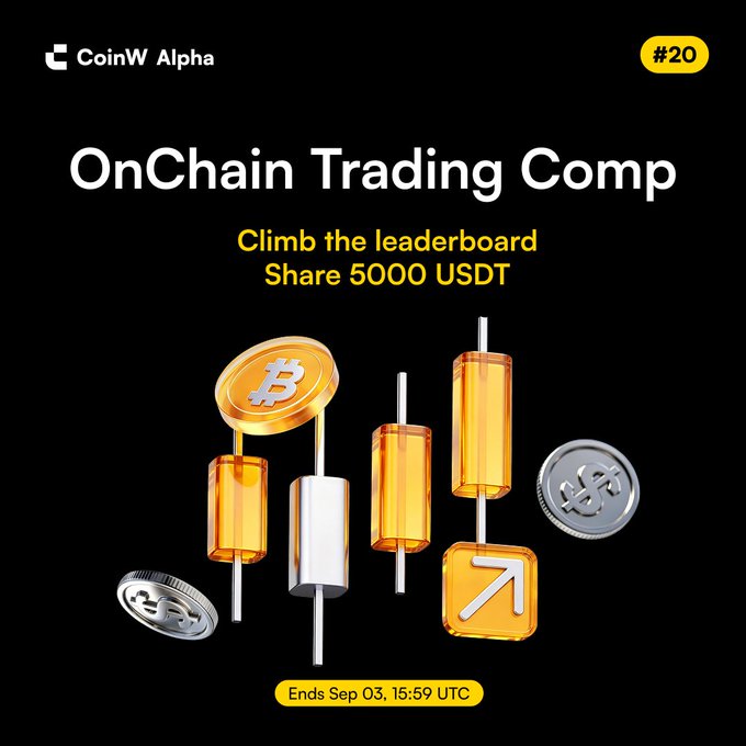The image promotes CoinW Alpha's "OnChain Trading Comp" #20, featuring 3D-rendered cryptocurrency coins (Bitcoin and stablecoin tokens) alongside orange and white candlestick chart bars, set against a black background. Key text includes "Climb the leaderboard," "Share 5000 USDT," and "Ends Sep 03, 15:59 UTC," visually reinforcing the post's details about the $5,000 USDT prize pool and the onchain trading competition.