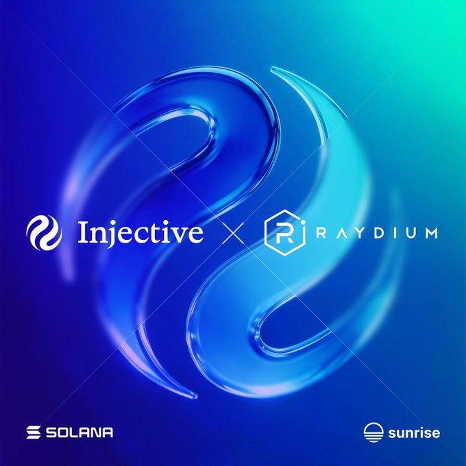 A glossy, blue and cyan gradient background features a swirling, glassy yin-yang style centerpiece, overlaid with the "Injective × RAYDIUM" logo pairing in the middle and the "Solana" and "sunrise" logos anchored in the bottom corners, visually celebrating the launch of the INJ token on the Solana network with Raydium as a day-one partner.