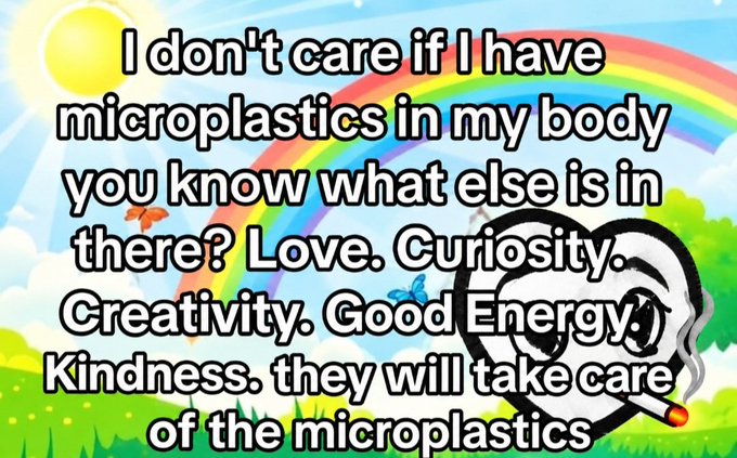 A colorful meme graphic with a rainbow background features a stonks-style eyes emoticon smoking a cigarette, overlaid with the text "I don't care if I have microplastics in my body you know what else is in there? Love. Curiosity. Creativity. Good Energy. Kindness. they will take care of the microplastics"
