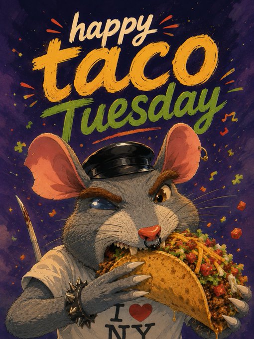 An illustration of an anthropomorphic mouse wearing a black cap and an "I ❤️ NY" shirt, holding and eating a large taco, with the text "happy taco Tuesday" above.
