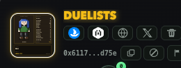 A screenshot showing a 'DUELISTS' section header with various icons including what appears to be a profile, globe, X (Twitter), and trash symbols, with an address '0x6117...d75e' displayed.