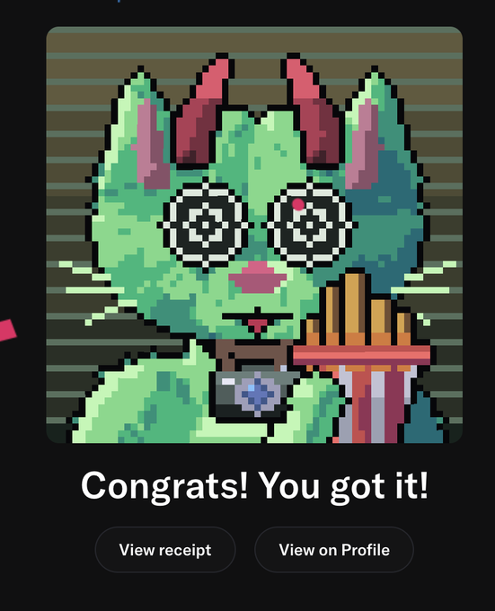 A pixel-art green cat with hypnotic spiral eyes and pink horns appears in a "Congrats! You got it!" notification screen. The image relates to the post by celebrating a successful purchase of a Hashcats NFT, with "View receipt" and "View on Profile" buttons available below.