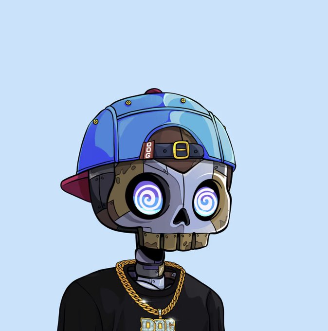 A digital illustration of a robot with a skull-like face, glowing spiral eyes, and a blue and red cap, wearing a black shirt and a gold chain with a 'DOG' pendant.