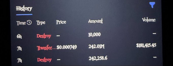 A screenshot of a cryptocurrency transaction history showing entries at 6h and 7h timestamps, including "Destroy" actions with amounts of 10,000 and 242,258.6, and a "Transfer" at $0.000749 price for 242.01M tokens worth $181,415.45, illustrating on-chain activity of $SUNUSI tokens to support claims of a malicious burning mechanism on the associated website.