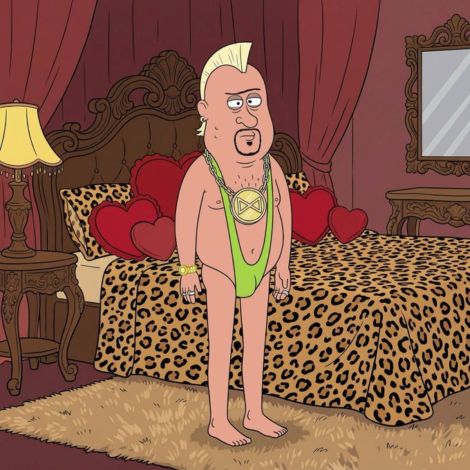 A cartoon character resembling a caricature of John Cena standing in a bedroom with leopard print bedding, wearing a green thong and a large gold chain with a 'C' pendant.