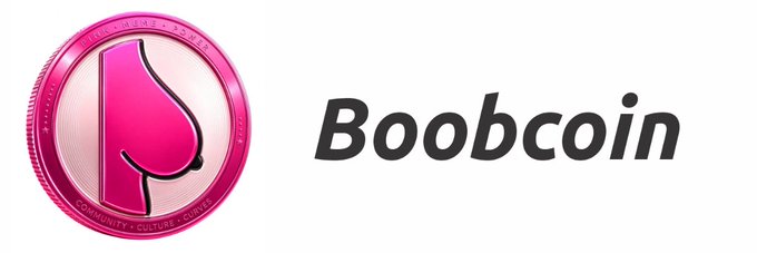 This image shows the logo and name for Boobcoin, a Solana-based token, featuring a pink silhouette of a breast on a decorative coin alongside the text "Boobcoin."