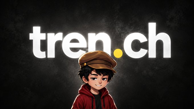 A cartoon character wearing a red hoodie and brown cap stands in front of a dark background displaying the white "tren.ch" logo with a yellow dot accent, promoting the new Solana-based project Trenches featured in the post.