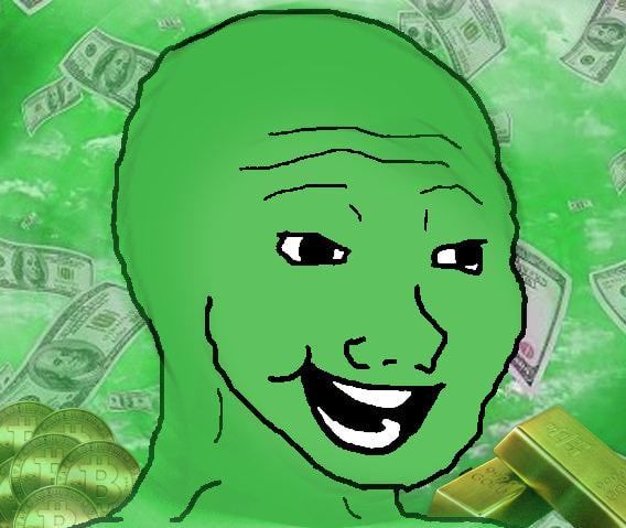 A green-tinted, illustrated portrait of a smiling, bald figure set against a background of falling US dollar bills and gold bars with Bitcoin symbols.