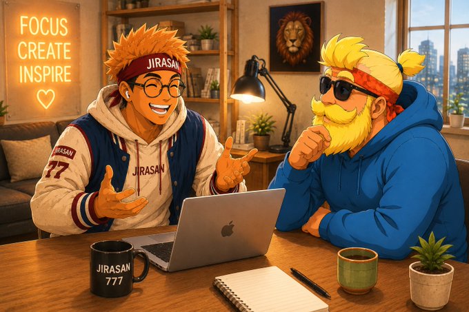 Anime-style illustration of two characters (one with 'JIRASAN 777' branded clothing) collaborating at a desk with a laptop, neon 'FOCUS CREATE INSPIRE' sign, and a JIRASAN 777 mug.