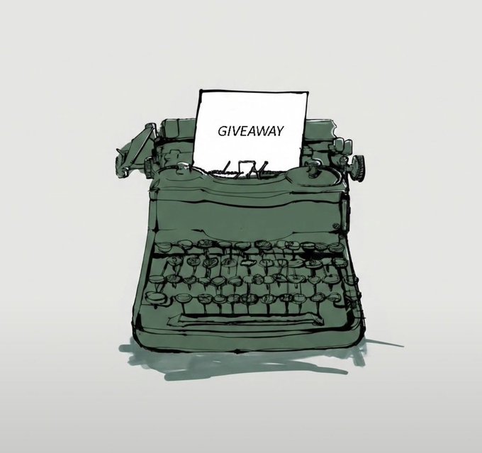 An illustration of a vintage typewriter with a paper inserted that reads "GIVEAWAY" in bold text. This visually represents the announcement of a giveaway event offering 3 guaranteed spots for the @RoyalMechanica NFT project.