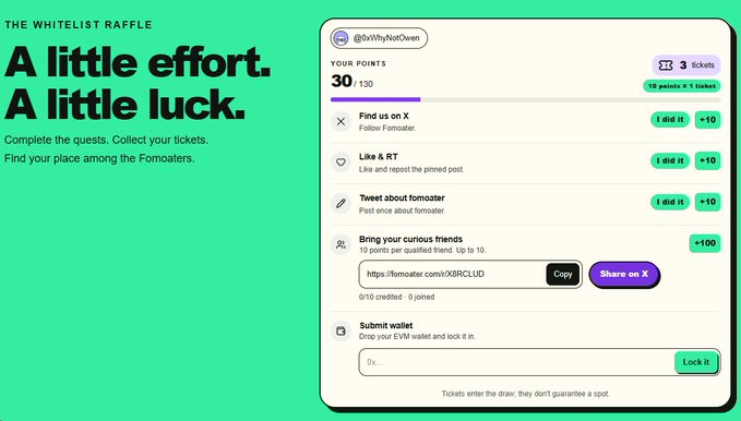 A green promotional graphic for 'THE WHITELIST RAFFLE' titled 'A little effort. A little luck.' showing a user profile dashboard with tasks like 'Find us on X', 'Like & RT', 'Tweet about fomoter', 'Bring your curious friends', and 'Submit wallet'.