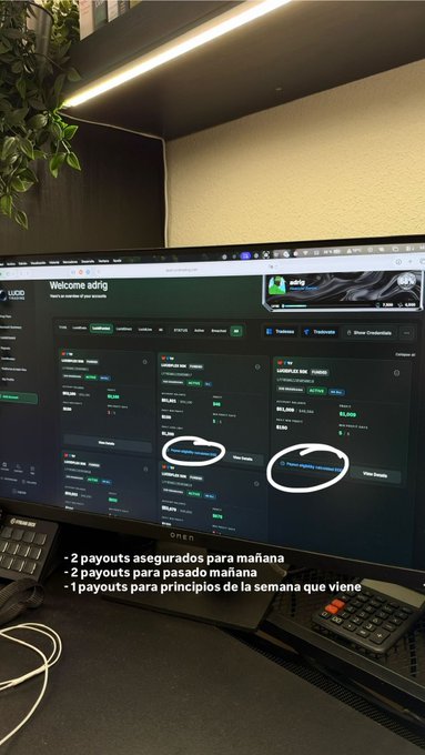 A computer monitor displays a financial trading dashboard with the greeting 'Welcome adrig' and Spanish text overlay noting '- 2 payouts asegurados para mañana, - 2 payouts para pasado mañana, - 1 payouts para principios de la semana que viene' alongside circled numbers.