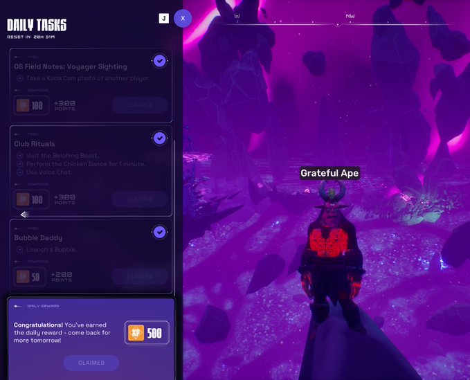 The image shows a screenshot of a video game screen, likely from a game like "Daily Tasks". The main focus of the image is a character standing in front of a purple background with mountains and rocks scattered around them. The character appears to be wearing a red outfit and has a sword in their hand. There are several other characters visible on the screen as well.

The post reads: "Daily Tasks @OthersideMeta tasks done Having my @mintotaurs avatar All good Have you finished yours?". This message seems to be related to the game, possibly congratulating the player for completing a task or rewarding them with points.