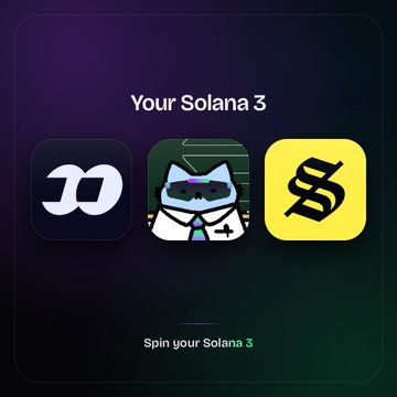 A digital interface titled 'Your Solana 3' displays three app-style icons featuring cartoon character designs, with a prompt to 'Spin your Solana 3' on a dark purple background.