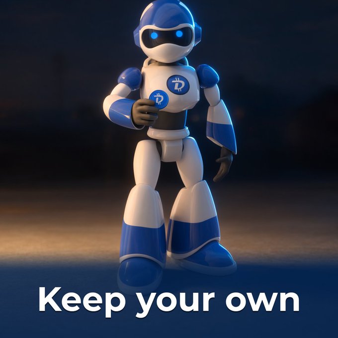 A blue and white humanoid robot figure with glowing blue eyes stands in a dimly lit setting, with the text "Keep your own" displayed at the bottom.