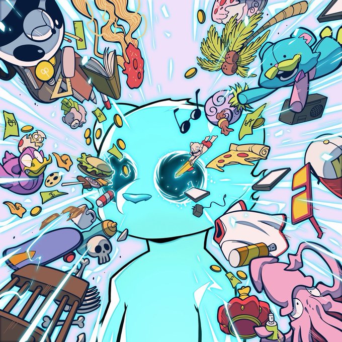 Vibrant cartoon illustration depicting an explosive scene with a screaming figure at the center surrounded by flying objects including skulls, money, birds, and various whimsical items.