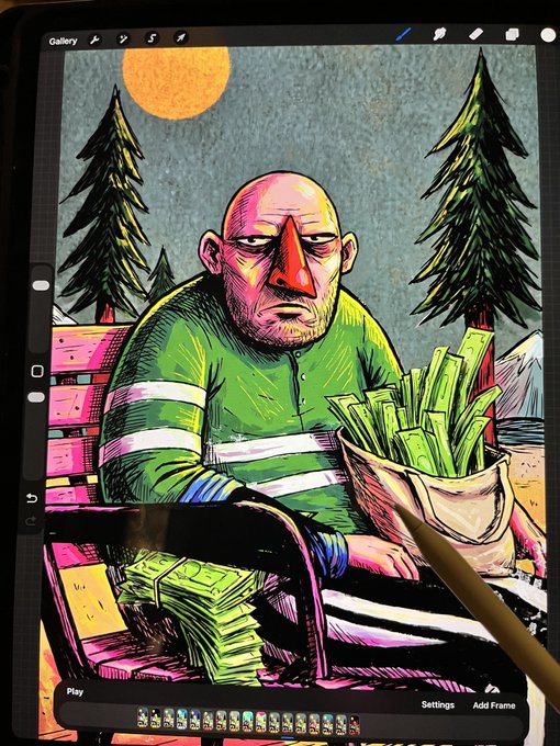 A digital artwork displayed on a tablet/iPad showing a bald, grumpy-looking man with a red nose holding a sack overflowing with cash, set against a backdrop of pine trees and a yellow sun, with an Apple Pencil visible in the foreground.