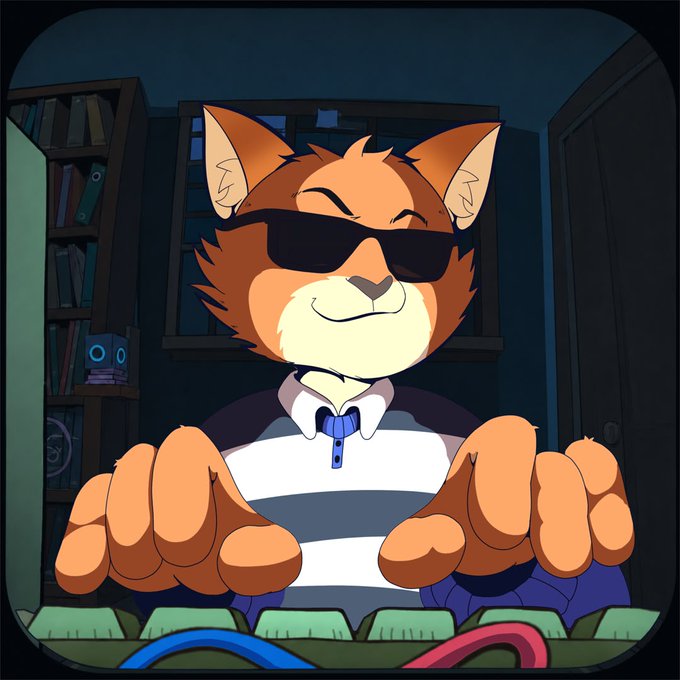 A cartoon illustration of an orange cat wearing sunglasses and a striped shirt, typing on a colorful keyboard in a dark room with bookshelves.