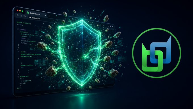 Digital artwork showing a browser window displaying code for 'Beldex.com' next to a glowing green shield icon surrounded by floating asteroids and a blue-green logo.