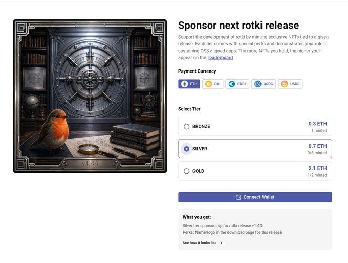 A webpage screenshot shows a 'Sponsor next rotki release' page featuring an ornate vault artwork with a robin bird, offering NFT sponsorship tiers with payment options in ETH, DAI, EURe, USDC, and USD5, and showing a 'SILVER' tier selected at 0.7 ETH.