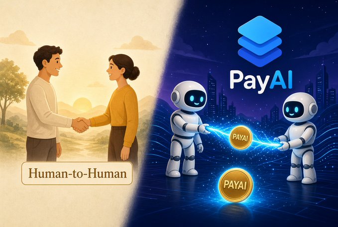 A split illustration showing a 'Human-to-Human' handshake on the left and two robots exchanging glowing 'PayAI' coins on the right, with the PayAI logo displayed.