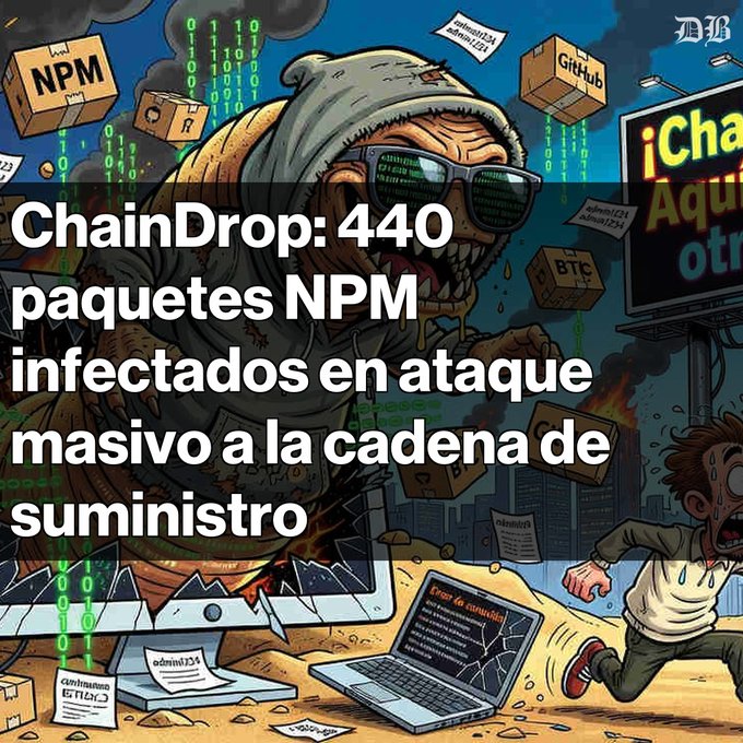 A Spanish-language news headline reading 'ChainDrop: 440 paquetes NPM infectados en ataque masivo a la cadena de suministro' over an illustration of a hooded hacker figure.
