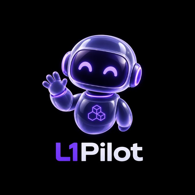 Logo featuring a purple 3D robot character waving, with a cube symbol on its chest, above the text 'L1Pilot' on a black background.