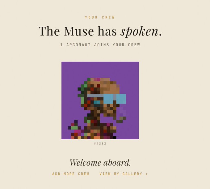 A pixel art profile page displays text reading 'YOUR CREW', 'The Muse has spoken.', '1 ARGONAUT JOINS YOUR CREW', '#7383', and 'Welcome aboard.' with a pixelated character on a purple background.