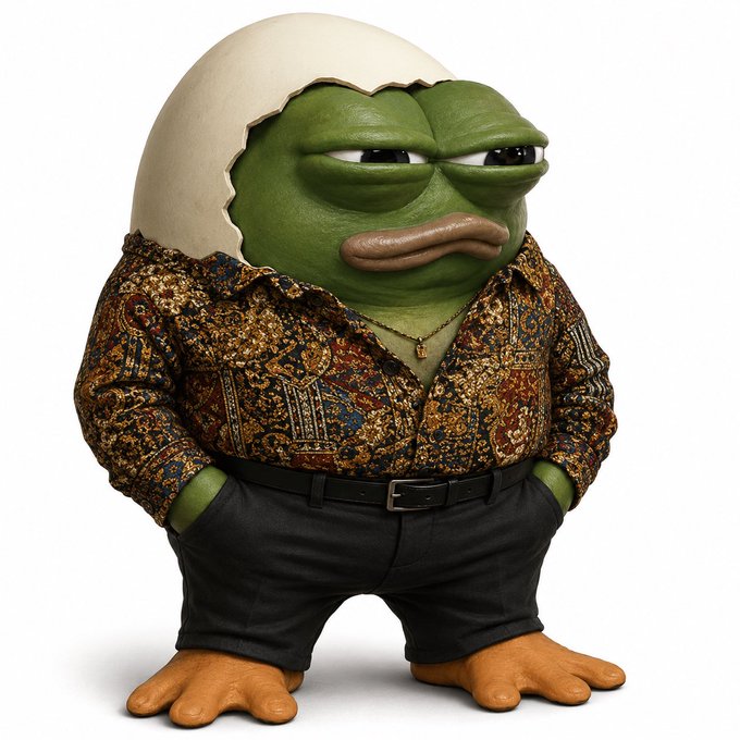 A muscular, grumpy Pepe the Frog emerging from a cracked eggshell, dressed in a flashy paisley shirt and gold chain, projecting a tough, street-smart persona.

The image humorously personifies the anonymous, intimidating "degen" trader lurking in the market—the shell signaling a freshly minted wallet, while the chains and cocky stance mock the experienced hustlers you're up against.