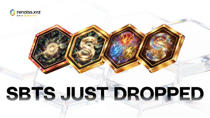 A promotional graphic from renaiss.xyz displaying four hexagonal icons with the text 'SBTS JUST DROPPED'.