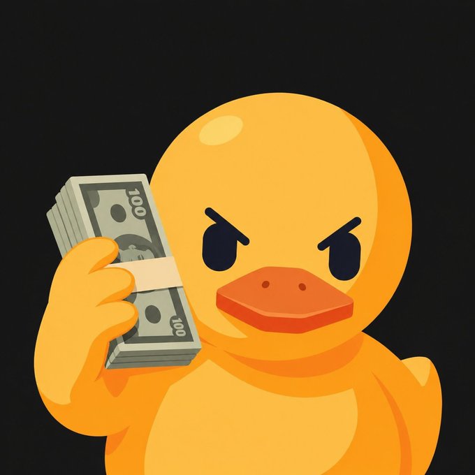 An angry cartoon duck mascot holding a stack of $100 bills against a black background.
