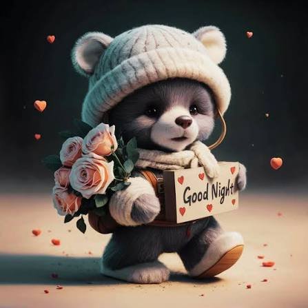 An adorable digital illustration features a cute panda cub wearing a white knit beanie and scarf, holding a bouquet of pink roses and a card that says 'Good Night,' surrounded by floating hearts.