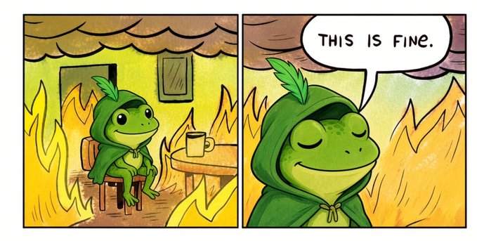 The 'This is fine' meme showing a frog in a green hoodie sitting calmly at a table while its house burns down around it.