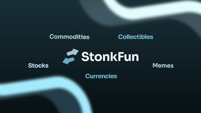 A sleek dark blue promotional graphic displays the "StonkFun" logo at the center, surrounded by its key categories—Commodities, Collectibles, Stocks, Memes, and Currencies—visually representing the launchpad's diverse asset offerings and its unique model of integrating stock trading with meme culture.