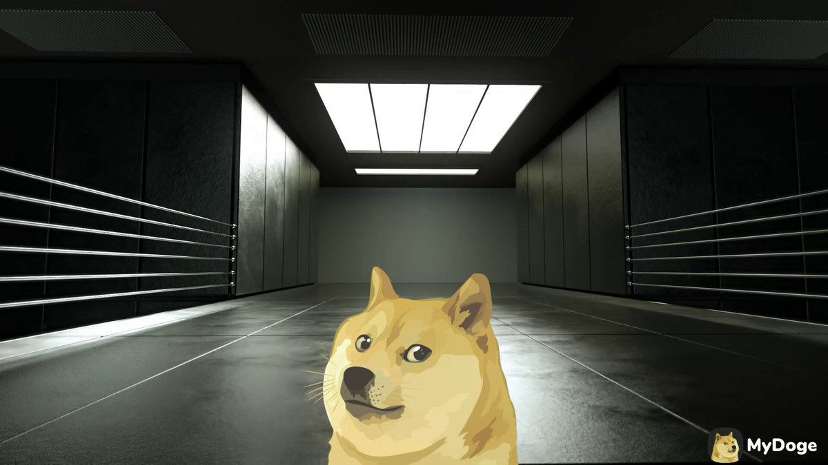 𝕏Ð is a cartoon dog with yellow fur, standing in an empty hallway or tunnel-like space. The caption below the image reads "𝕏Ð is closer than you think. $DOGE".