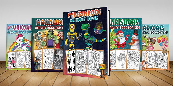 A display of various themed activity books for kids, including 'Unicorns', 'Halloween', 'Cybertroops', 'Christmas', and 'Animals', showing both colored covers and black-and-white interior pages.