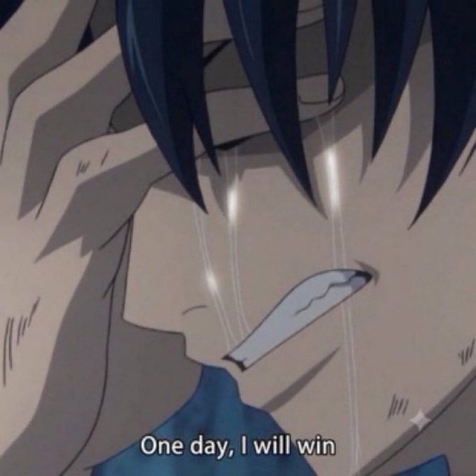 An anime character with dark blue hair is crying with glowing tears, gritting their teeth in a determined expression, with the subtitle "One day, I will win" — a meme used to humorously convey the poster's perseverance despite making zero figures today.