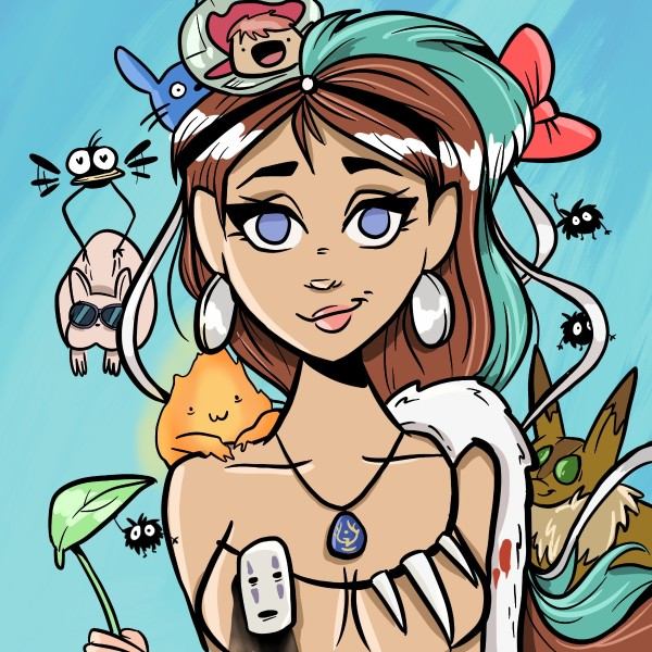 An anime-style illustration featuring a brown-haired girl with purple eyes wearing a teal headband and a blue pendant, surrounded by various whimsical creatures including soot sprites (Susuwatari), a No-Face mask, a cat, and small fluffy characters against a light blue background.