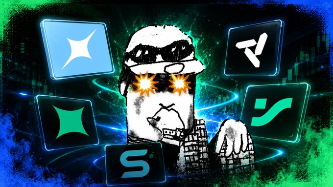 A stylized graphic of a hooded figure with glowing orange eyes surrounded by cryptocurrency logos including XRP, NEAR, and others against a dark background.