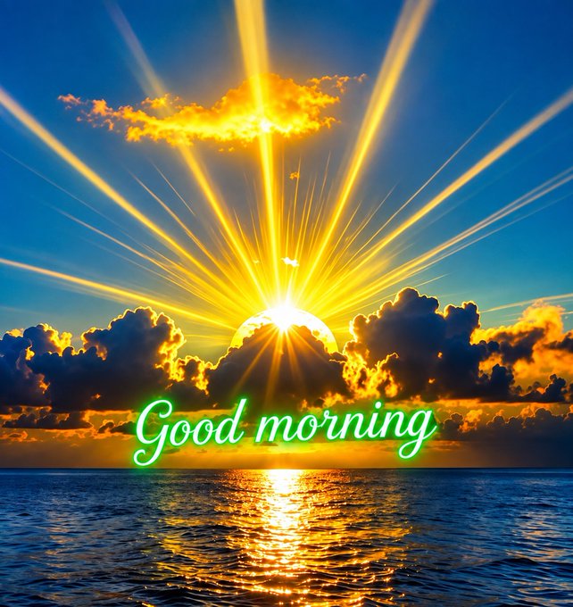A vibrant sunrise over the ocean with golden rays bursting through clouds, overlaid with glowing green cursive text reading 'Good morning'.