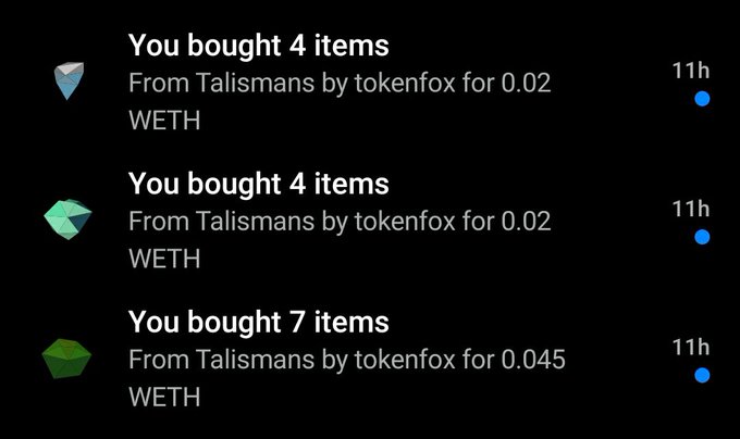 A transaction history showing three recent purchases of items from 'Talismans by tokenfox' for varying amounts of WETH, all made within the last 11 hours.