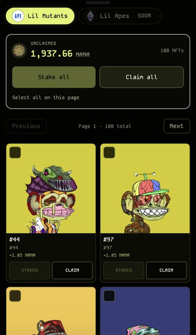 A screenshot of a cryptocurrency staking interface for 'Lil Mutants' NFTs showing '1,937.66 MANA' unclaimed rewards, with 'Stake all' and 'Claim all' buttons above a grid of Bored Ape-style mutant NFT cards marked as 'STAKED'.