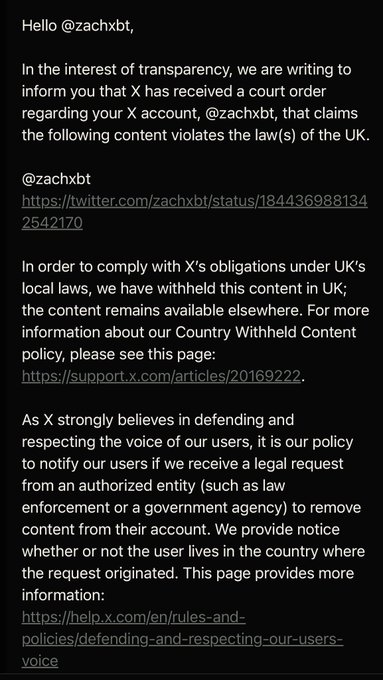 A notification from X (formerly Twitter) addressed to @zachxbt informing them that content from their account has been withheld in the UK due to a court order alleging violations of UK law, with links to support pages.