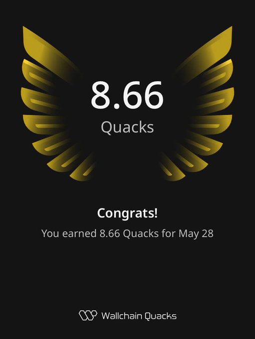 The image features a poster or card that displays an award, likely for Quacks, given to someone who has earned 8.66 Quacks. The text on the card congratulates the user on their achievement and mentions that they have been awarded Quacks for May 28. The background of the image is black with gold accents, giving it a fancy appearance.