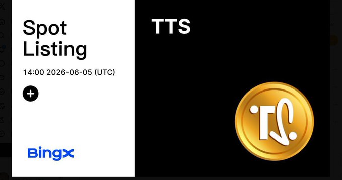 A BingX cryptocurrency exchange announcement for TTS spot listing at 14:00 2026-06-05 (UTC), featuring a gold coin with the TTS logo.