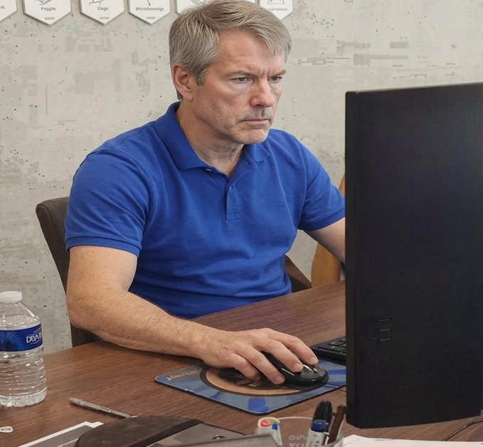 A man in a blue polo shirt sits intently at his computer, focused on a task at hand. The setting suggests a professional or office environment, with a "DASANI" water bottle visible on the desk. The image's caption could relate to the post about designing a digital ID system on Bitcoin using Ordinals, implying the man is working on this complex task.