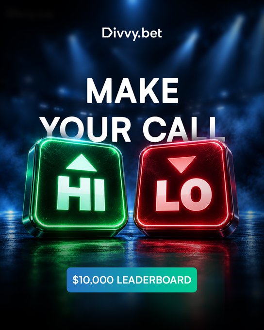 A promotional image for 'Divvy.bet' showing glowing green 'HI' and red 'LO' buttons with the text 'MAKE YOUR CALL' and '$10,000 LEADERBOARD' below.