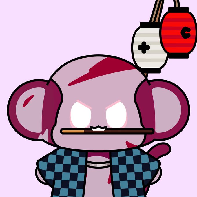 A cartoon chimp character with glowing white eyes, blood splatters, and a cigar in its mouth, wearing a checkered blue and black jacket, with Japanese lanterns in the background, represents a "Chimpers" NFT from the collection where "Reirin" recently sold for 0.7500 ETH.