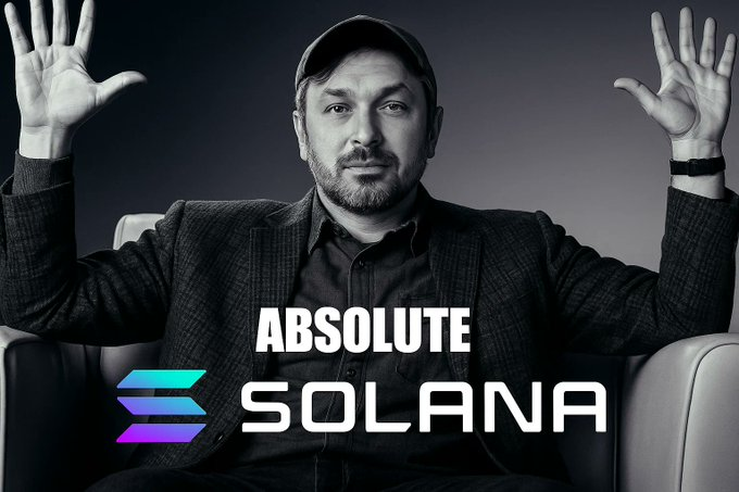 A black-and-white photo shows a bearded man wearing a cap with his hands raised, overlaid with the text "ABSOLUTE SOLANA" and the Solana logo.