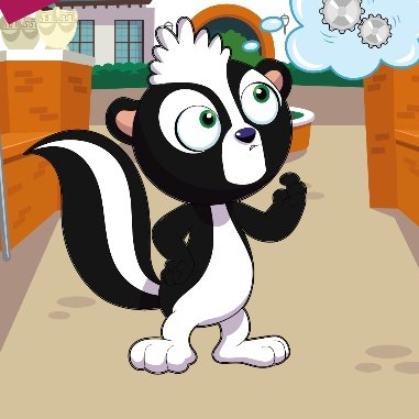 A cartoon skunk with a fluffy white tuft stands confidently in an outdoor setting near brick walls and a building. The cheerful character illustration fits well with the welcoming tone of the post introducing a new member to the Veefriends community.